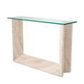 Eichholtz Console Table Fortuna. A modern console table featuring a clear glass top and a light beige stone or wood-look frame with a subtle grain pattern, shown on a plain white background.