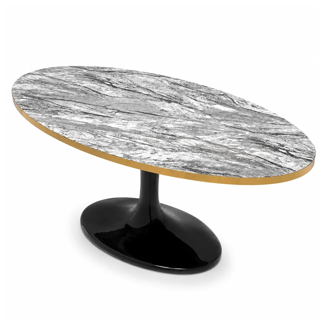 Coffee Table Parme Round Oval. An oval dining table featuring a black and white marble-patterned top with a light wood edge, supported by a glossy black tulip-style pedestal base, shown on a white background.