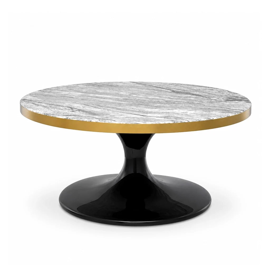 Coffee Table Parme Round A modern round coffee table with a white and gray marble-patterned top, a polished gold rim, and a glossy black pedestal base, shown on a white background.