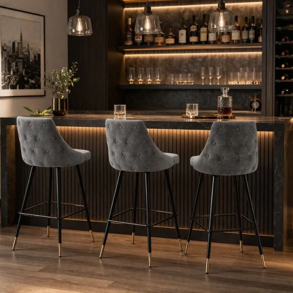 Cedro Bar Stool Clarck Grey Velvet with Black Metal Frame & Brass Caps - Eichholtz