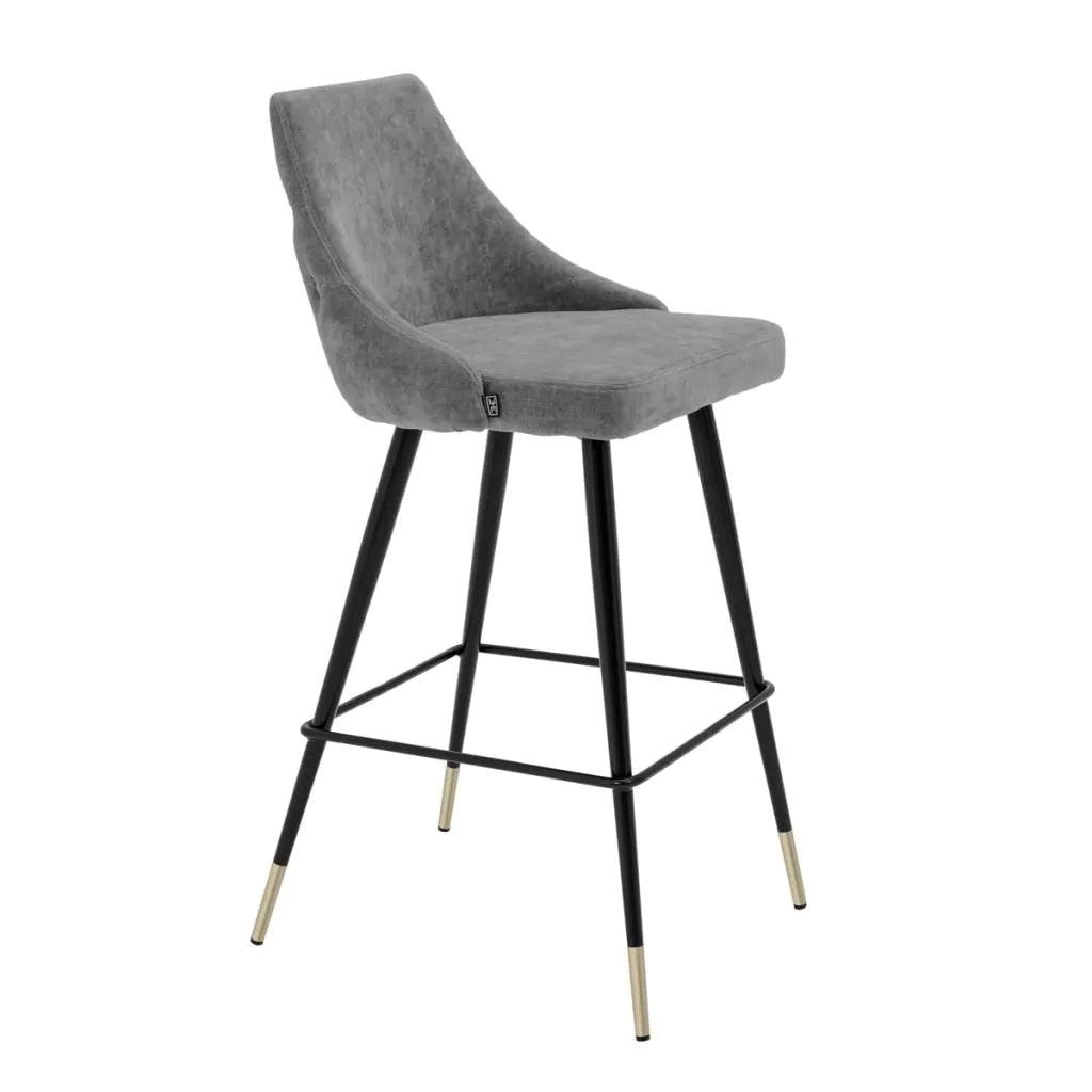 Cedro Bar Stool Clarck Grey Velvet with Black Metal Frame & Brass Caps - Eichholtz