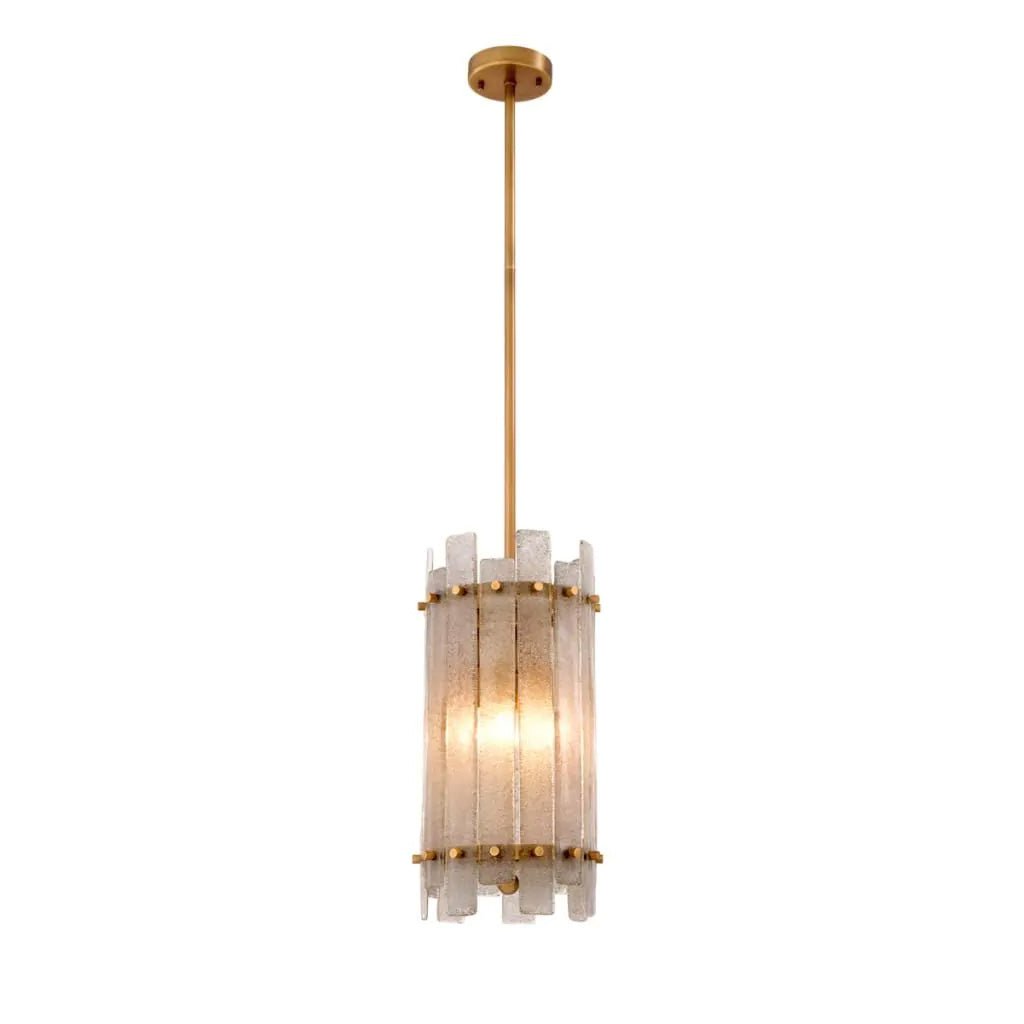 Eichholtz Da Silva chandelier with antique brass and textured glass panels French Droplets style