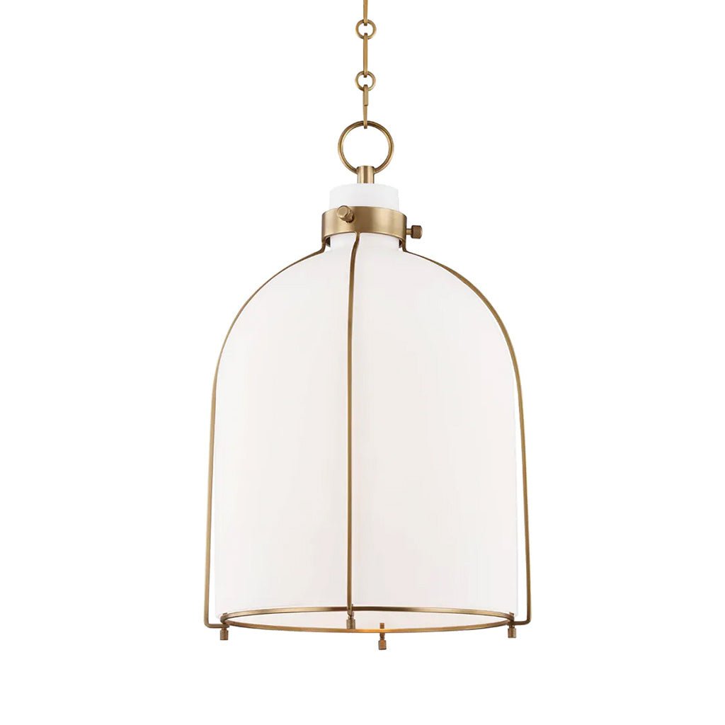 Hudson Valley Eldridge pendant light with opal glass and aged brass frame hanging on chain