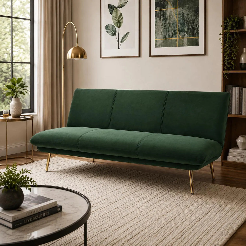 PONELLI Interiors Modern Green Velvet Click Clack Sofa Bed with 3 Adjustable Reclining Positions | Showroom Model