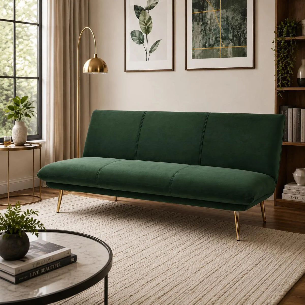 PONELLI Interiors Modern Green Velvet Click Clack Sofa Bed with 3 Adjustable Reclining Positions | Showroom Model
