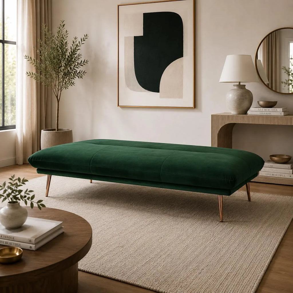 PONELLI Interiors Modern Green Velvet Click Clack Sofa Bed with 3 Adjustable Reclining Positions | Showroom Model