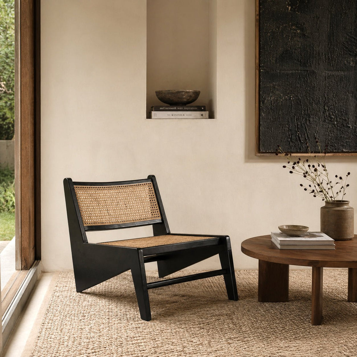 Modern Black Wooden Lounge Chair with Natural Cane Seat & Backrest - Designer Furniture Co.Ltd