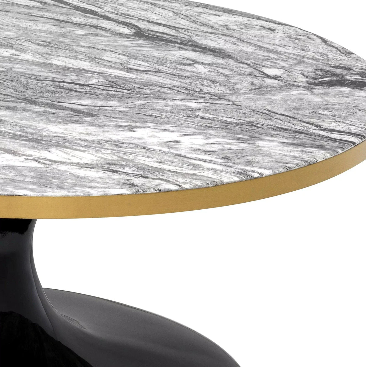 Close-up of a round dining table with a gray and white marble-patterned top, a brushed gold metal rim, and a glossy black pedestal base on a white background.