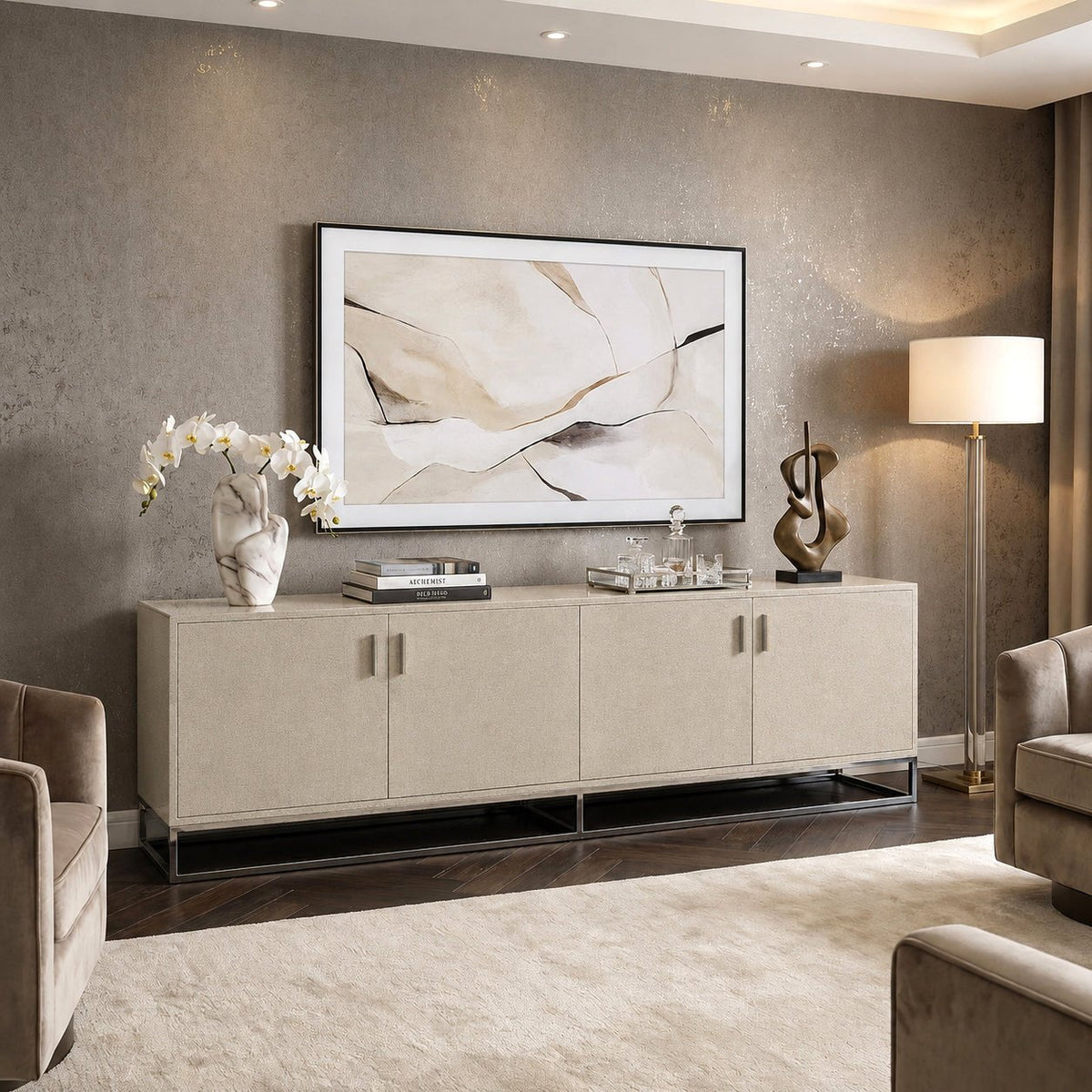 Valencia Cream Shagreen TV Media Unit 4 Doors - Designer Furniture Co.Ltd