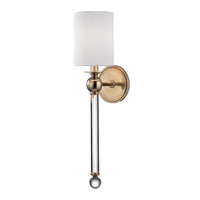 Elegant Gordon wall lamp in aged brass with crystal stem and white linen shade